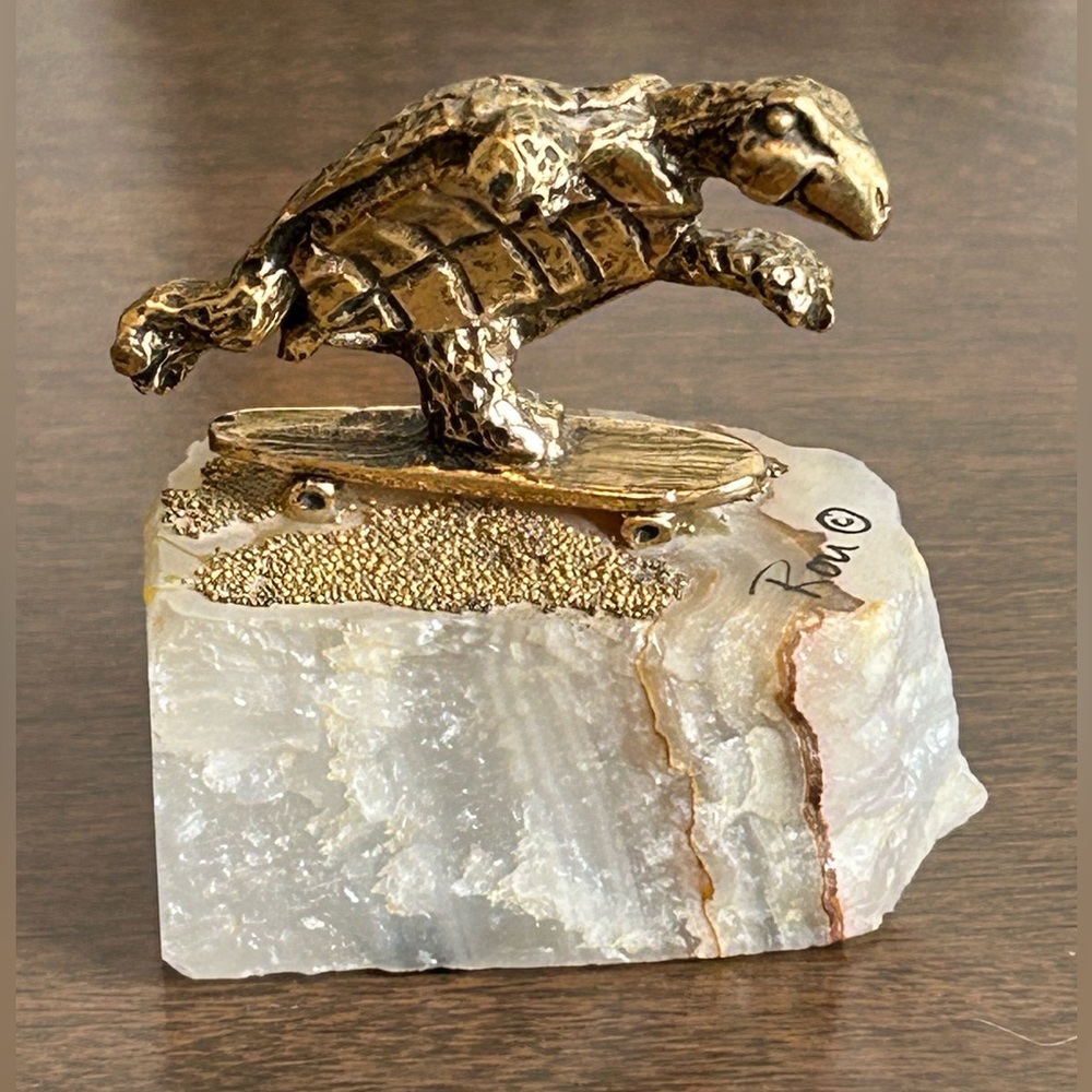 24K GOLD PLATED TURTLE ON SKATEBOARD STATUE MOUNTED ON QUARTS?? TYPE ROCK SIGNED